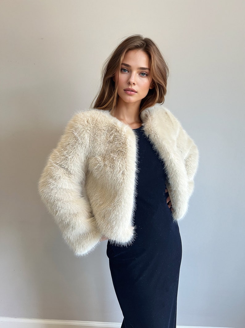 May include: A white faux fur jacket with a cropped length and long sleeves. The jacket is worn over a black dress.
