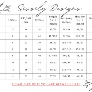 May include: Size chart for clothing with measurements in inches and centimeters. The chart includes sizes XS to XXXXL, US sizes 0 to 14, UK/AU sizes 6 to 20, EU sizes 32 to 46, length, bust, shoulder, and sleeve measurements.