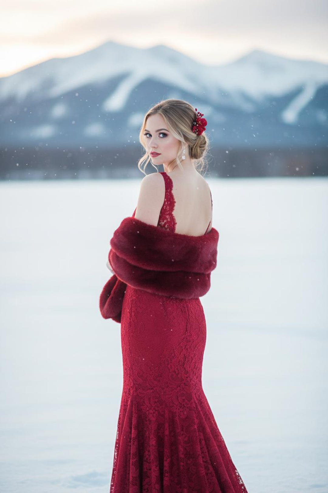burgundy dress with fur / Wine Red faux bridal wrap, Bridal Faux Fur Stole Fur Shawl Cape, Bridesmaid Gift, Winter Wedding gift (Audrey Win05 ) balancing cozy elegance with drop bail Jersey Dress with the Color:Print