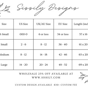 May include: Size chart for clothing with measurements in US, UK/AU, and EU sizes. The chart also includes length measurements in inches.  X-Small: 000-0, 6 or less, 34 or less, 57 x 16 inches. Small: 2-6, 8-12, 36-40, 61 x 20 inches. Medium: 8-12, 14-18, 42-46, 65 x 20 inches. Large: 14-20, 20-24, 48-52, 69 x 20 inches.