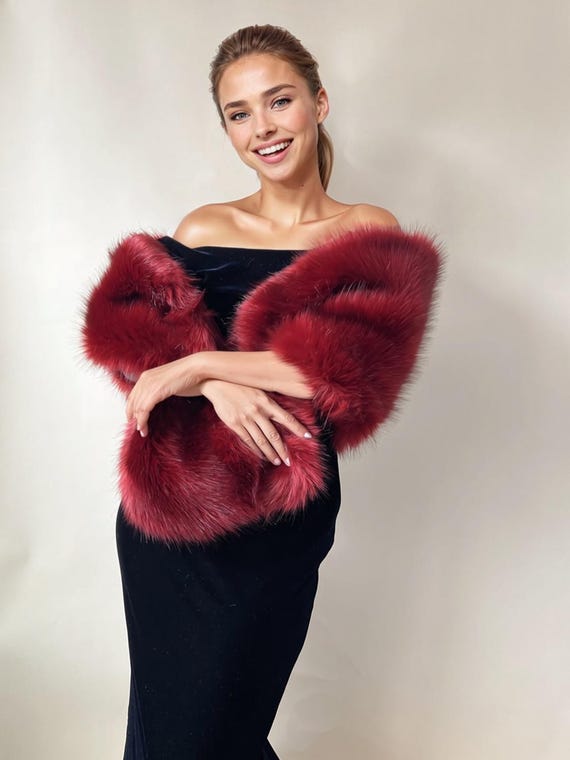 red dress with fur shawl THE holiday szn outfit  @itsjulialouise wears the 'Silhouette Theory  Halter Satin Maxi Dress' & 'Hollywood Nights Faux Fur Shawl Wrap' Shop now  via the link in bio. #hellomolly