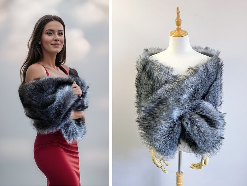 May include: A gray faux fur shawl with a soft, fluffy texture. The shawl is draped over a mannequin and is perfect for adding a touch of elegance to any outfit.