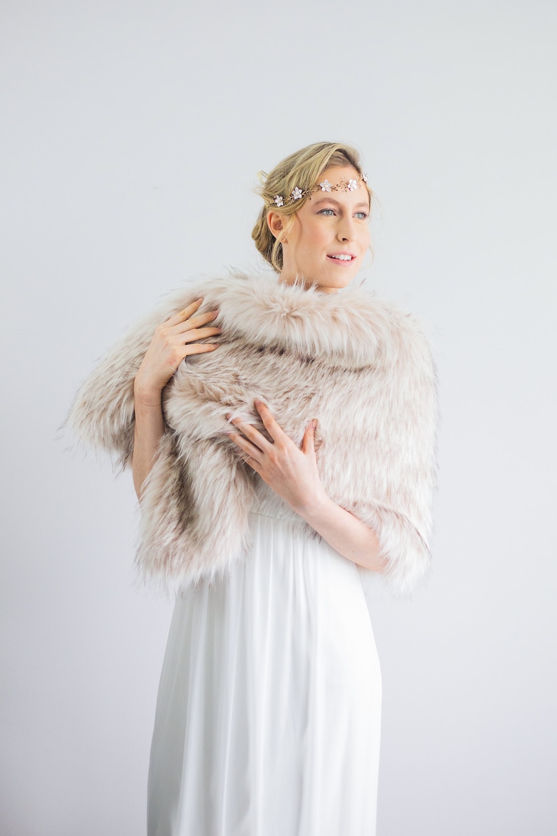 Blush with Black Tips Faux Fur Bridal Wrap, Wedding Fur Shrug, Bridal Fur, Fur Wrap, Bridal Faux Fur Stole Fur Shawl Cape (Butterfly Blu02) image 7