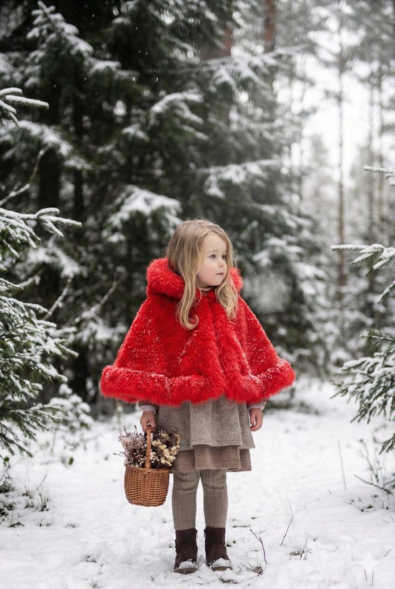 Red Riding Hood Flower Girl Faux Fur Cape, Red Children Fur Coat
