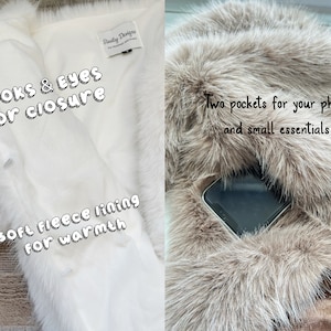 May include: White faux fur shawl with a soft fleece lining for warmth. The shawl has hook and eye closures and two pockets for a phone and small essentials. The text "HOOKS & EYES for closure" and "Soft fleece lining for warmth" is printed on the shawl.