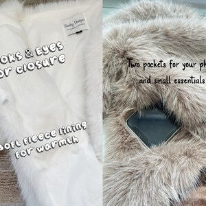 May include: White faux fur shawl with a soft fleece lining for warmth. The shawl has hook and eye closures and two pockets for a phone and small essentials. The text "HOOKS & EYES for closure" and "Soft fleece lining for warmth" is printed on the shawl.