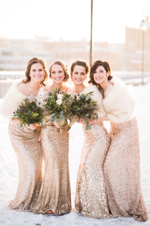 Winter bridesmaid in pine green dress and fur shawl on Craiyon