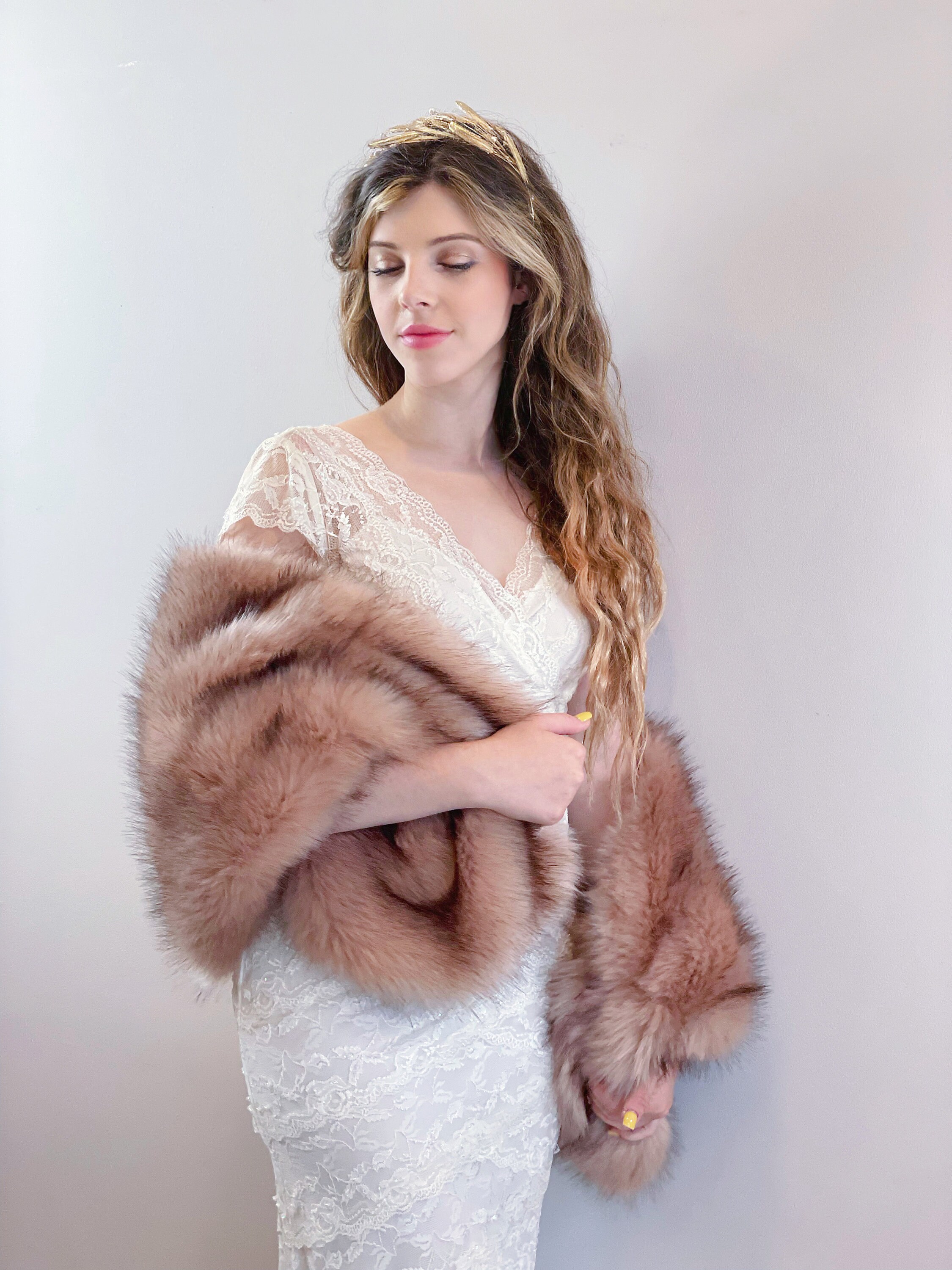 Women's Wedding Shawl Faux Fur Scarf Wraps for Evening/Party/Show - Blush -  C712OBN23FG