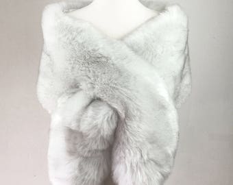 Light Grey / Silver with Black Tips Fur Shawl, Wrap, Wedding Fur shrug, faux Fur Wrap, Bridal Faux Fur Stole Fur Shawl Cape (Lilian LGry01)