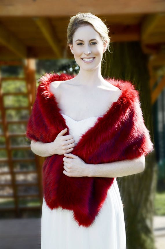 Red Faux Fur Bridal Wrap, Wedding Fur Shrug, Wine Red Fur Wrap