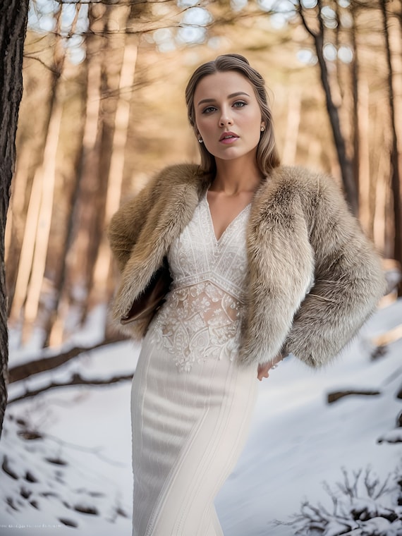 Brown Faux Fur Coat, Brown Fur Jacket, Bridal Fur Coat, Faux Fur Bolero,  Winter Fur Coat, White Bridal Jacket, Wedding Jacket anna Brw07 