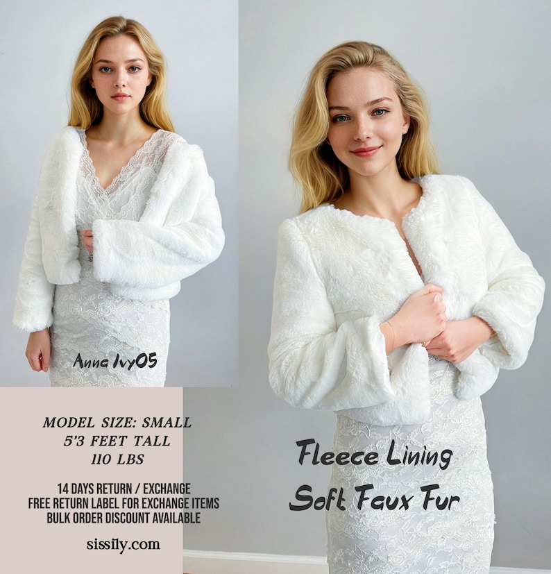 May include: White faux fur cropped jacket with a fleece lining. The jacket is shown on a model wearing a white lace dress. The text "Fleece Lining Soft Faux Fur" is visible on the image.