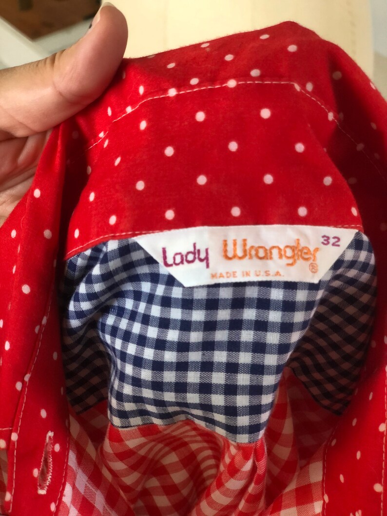 Vintage 70\u2019s Lady Wrangler Polka Dot Plaid Button Up