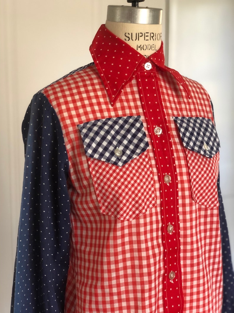 Vintage 70\u2019s Lady Wrangler Polka Dot Plaid Button Up