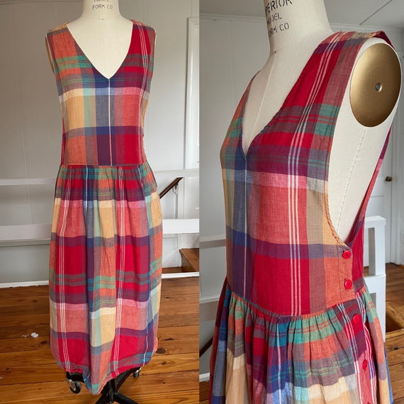 Vintage 90s Rainbow Plaid Cotton Apron Dress, Made
