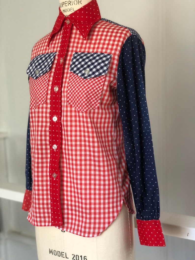Vintage 70\u2019s Lady Wrangler Polka Dot Plaid Button Up
