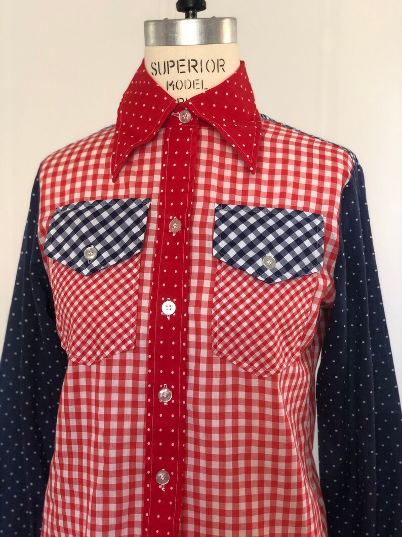 Vintage 70\u2019s Lady Wrangler Polka Dot Plaid Button Up