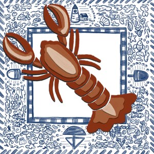 Może przedstawiać: Ilustracja brązowego homara na białym tle. Homar jest otoczony niebiesko-białą ramką z bazgrołami o tematyce marynistycznej.