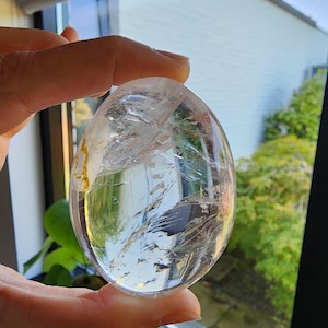 Pristine Quality Palm Stone Clear Quartz Crystal with Rainbow, Devic Temple and Fairy frost from Madagascar.
