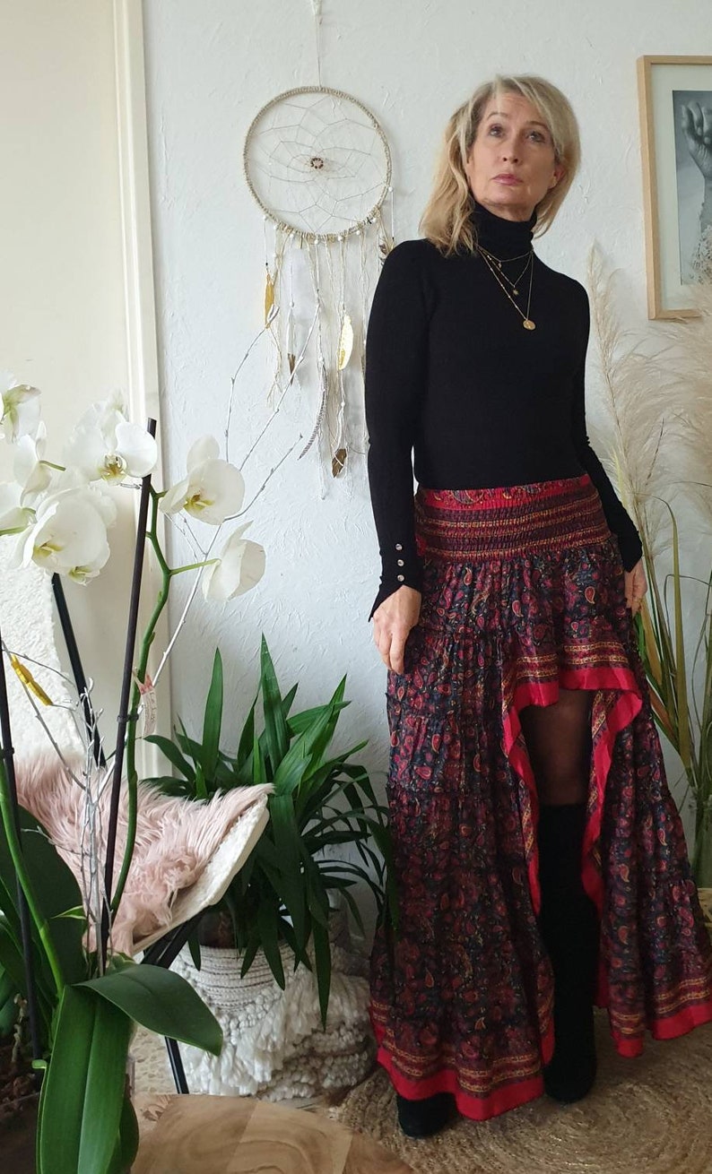 bohochic asymetrical skirt in silk Asymmetrical silk boheme skirt single waist,bohoskirt