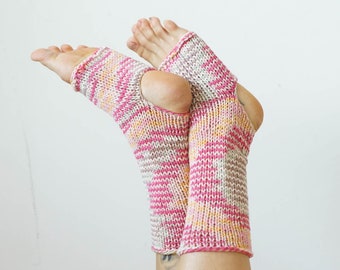Pink Knit Toeless Yoga Socks, Cotton Leg Warmers, Handmade Vegan Socks