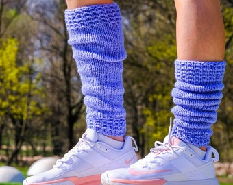 Sky Blue Knit Leg Warmers, Long Handknit Spats, Wool And Acrylic