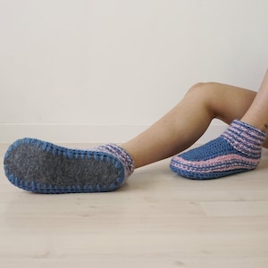 Housewarming Gift, Sock Slippers with Woolen Soles, Blue Women's Slippers, Merino Wool Socks, Handknit Slippers, Knit Socks, Teacher Gift