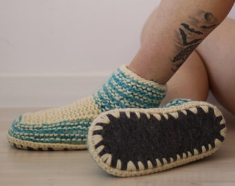 Slipper Socks, Sky Blue Knitted Slippers, Homewear, Merino Boot Slippers, Hygge Gift, Woollen Slipper Socks, Gift For Her, Cozy Socks