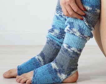 Blue Knit Leg Warmers, Over The Knee Yoga Socks, No Itch Wool & Acrylic Blend