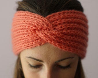 Holiday Apparel, Knit Hair Turban, Knitted Orange Headband, Mohair Wool Ear Warmer, Soft Headband, Knit Hair Accessory