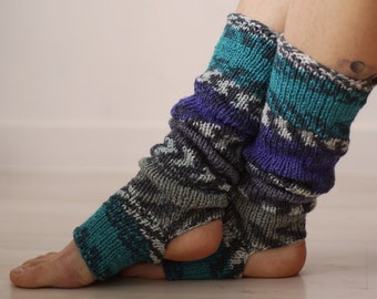 Handknit Toeless Yoga Socks, Blue Gray Knit Leg Warmers, Wool & Acrylic