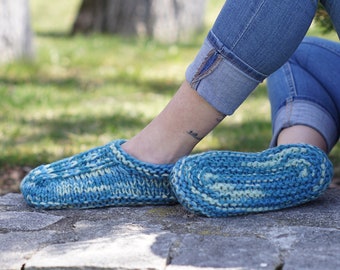 Handknit Sky Blue Slipper Socks: Women's Knit Home Slippers, Size 8