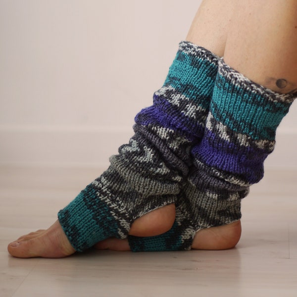 Blue and Gray Yoga Socks, Knee High Socks, Leg Warmers Women, Knit Socks, Knit Accessories, Yoga Clothes, Knit Yoga Gift, Toeless Socks