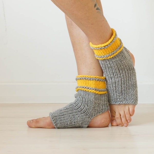 Knit Yoga Socks in Yellow and Gray, Handmade Gift, Soft Ankle Warmers, Toeless Flip Flop Socks, Yoga Gift