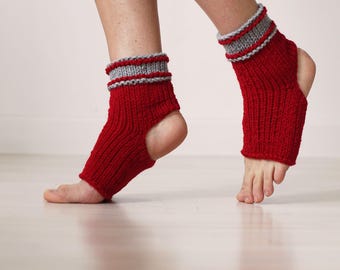 Red Wool Blend Yoga Socks, Knit Toeless Leg Warmers