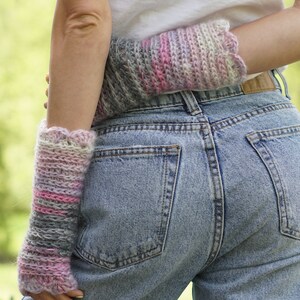 Pink and Gray Knit Gloves, Mohair Fingerless Gloves, Knitted Fingerless Gloves, Knit Texting Gloves, Mohair Winter Accessories image 2