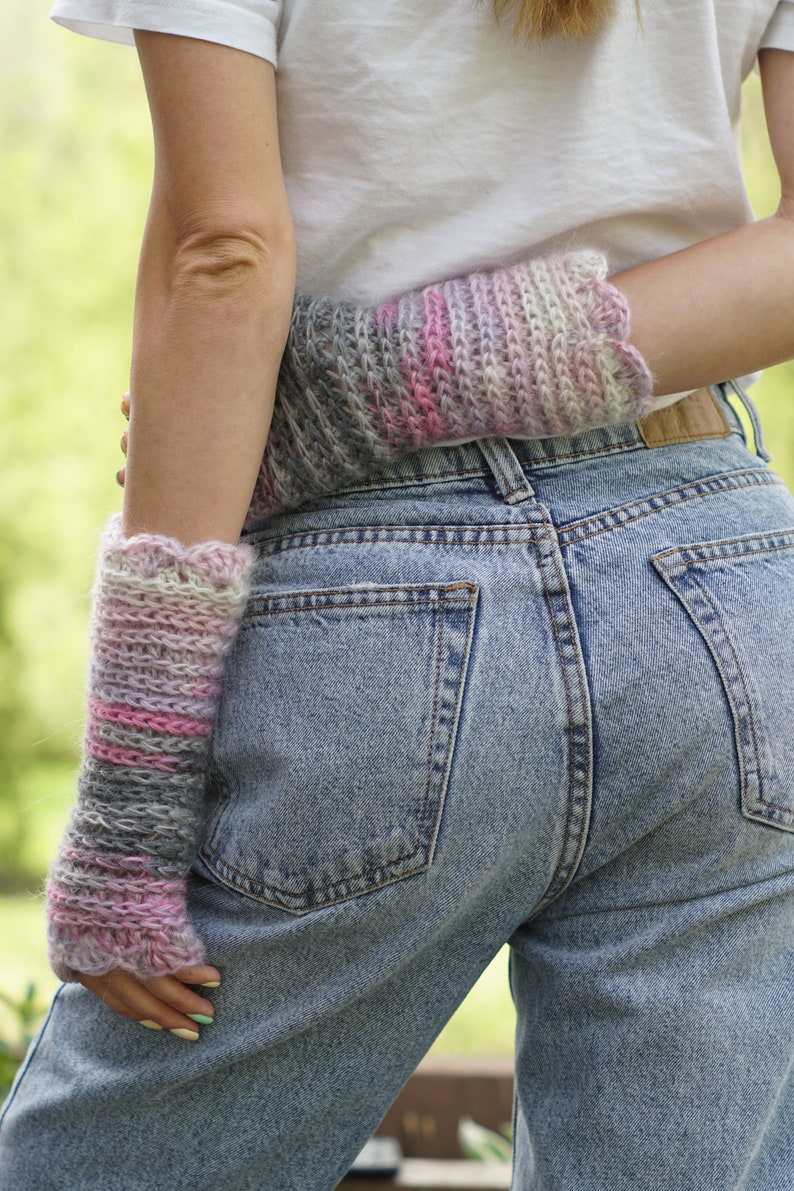 Pink and Gray Knit Gloves, Mohair Fingerless Gloves, Knitted Fingerless Gloves, Knit Texting Gloves, Mohair Winter Accessories image 2