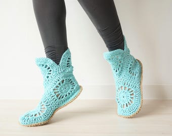 Blue Crochet Slippers, Gift for Her, Handmade Gift, Slipper Boots, Home Gift, Women's Slippers, Gift For Mother, Blue Crochet Slipper Socks