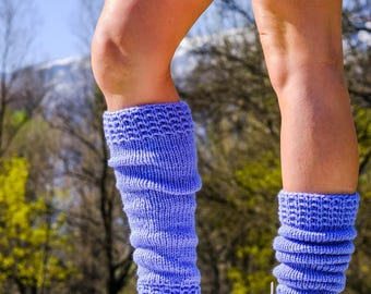 Sky Blue Knit Leg Warmers, Long Handknit Spats, Wool And Acrylic