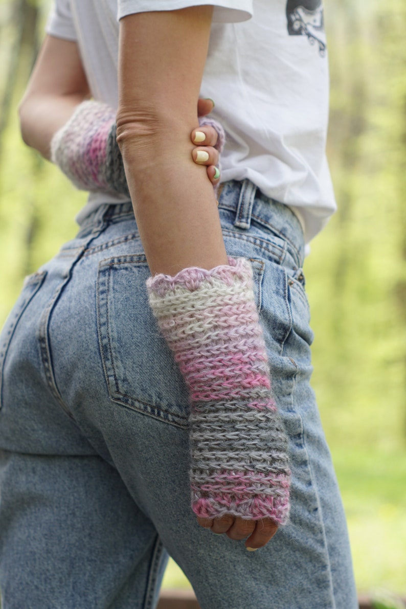 Pink and Gray Knit Gloves, Mohair Fingerless Gloves, Knitted Fingerless Gloves, Knit Texting Gloves, Mohair Winter Accessories image 1