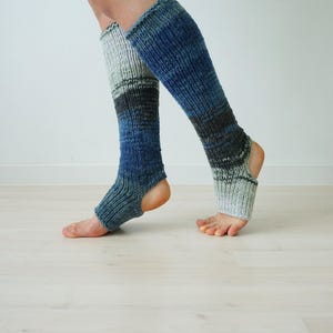 Hand Knit Yoga Leg Warmers, Open Heel Dance Socks, Blue Yoga Socks, Wool & Acrylic image 4