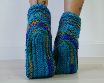 Natural Wool Slippers, Teacher Gift, Knitted Slipper Socks, Cozy Slippers, Indoor Shoes, Blue Boot Slippers, Knit Gift, Knit Slippers