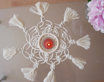 Pièce maîtresse de Noël, décor de table de vacances, support de lumière de thé en macramé, bougeoir de table de Noël, décor de studio de yoga, cadeau de pendaison de crémaillère