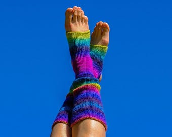 Handknit Rainbow Wool Yoga Socks, Knee High Leg Warmers, Open Heel and Toes, Wool & Acrylic Blend