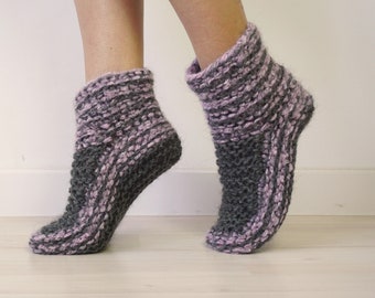 Knitted Slippers with Merino and Mohair Wool, Slipper Socks, Woollen Slippers, Indoor Shoes, Boot Socks, Gift For Mother, Gray Winter Socks