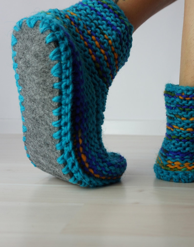 Natural Wool Slippers, Teacher Gift, Knitted Slipper Socks, Cozy Slippers, Indoor Shoes, Blue Boot Slippers, Knit Gift, Knit Slippers image 4