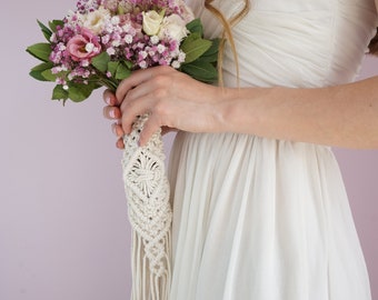 Enveloppement de bouquet de macramé, enveloppement de fleur de mariage, enveloppement de bouquet de mariée, support de bouquet de mariage en macramé, enveloppement de bouquet de fugue, bouquet de mariage Boho