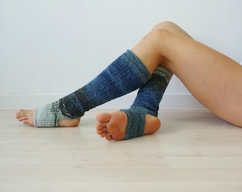 Hand Knit Yoga Leg Warmers, Open Heel Dance Socks, Blue Yoga Socks, Wool & Acrylic
