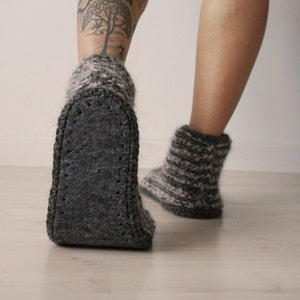 Slippers With Woollen Soles, Handknit Slipper Socks In Dark Gray, Winter Slippers, Warm Socks, Homewear, Gift For Him, Unisex Slipper Socks image 2