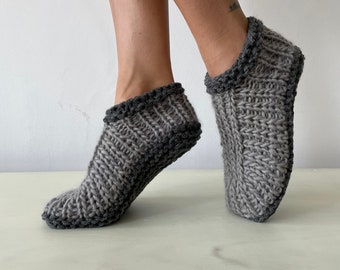 Knit Merino Wool Slippers: Gray & Black Ankle Bootie Socks, Low Cut Slippers